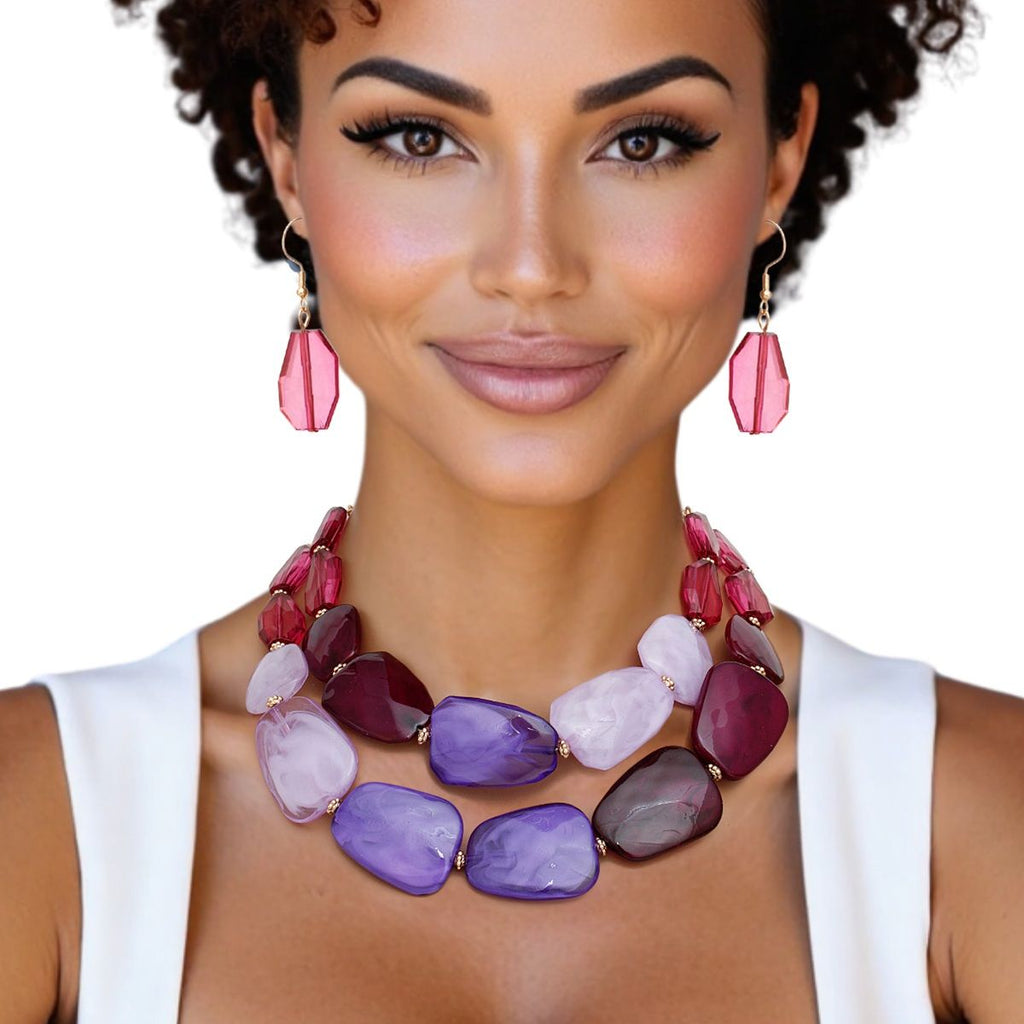 Purple Bead Necklace Set Acrylic Resin Statement Jewelry with Earrings