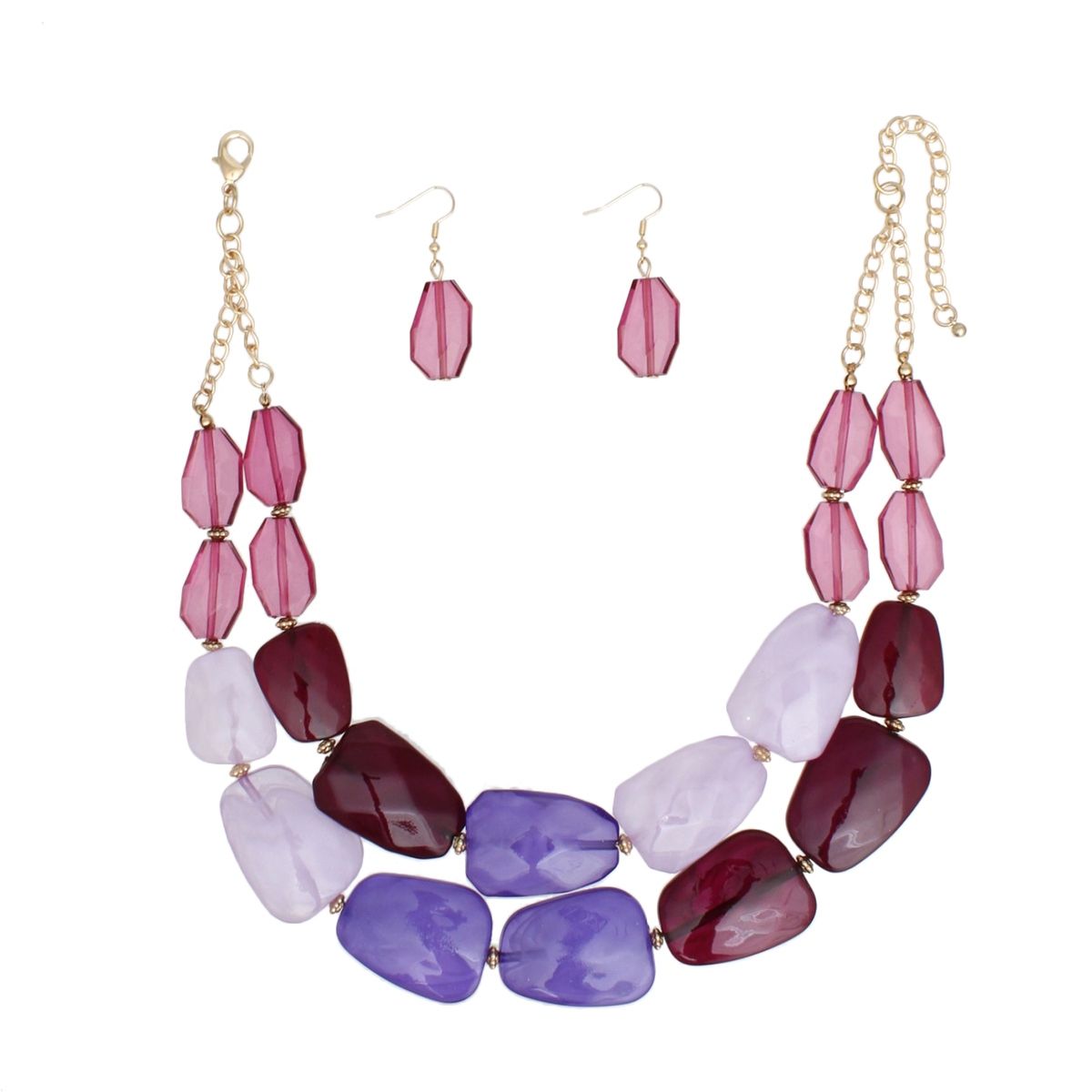 Purple Bead Necklace Set Acrylic Resin Statement Jewelry with Earrings