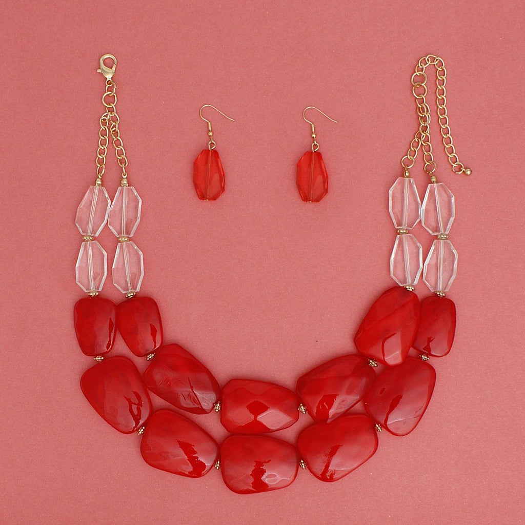 Red Bead Necklace Set Acrylic Resin Statement Jewelry with Earrings