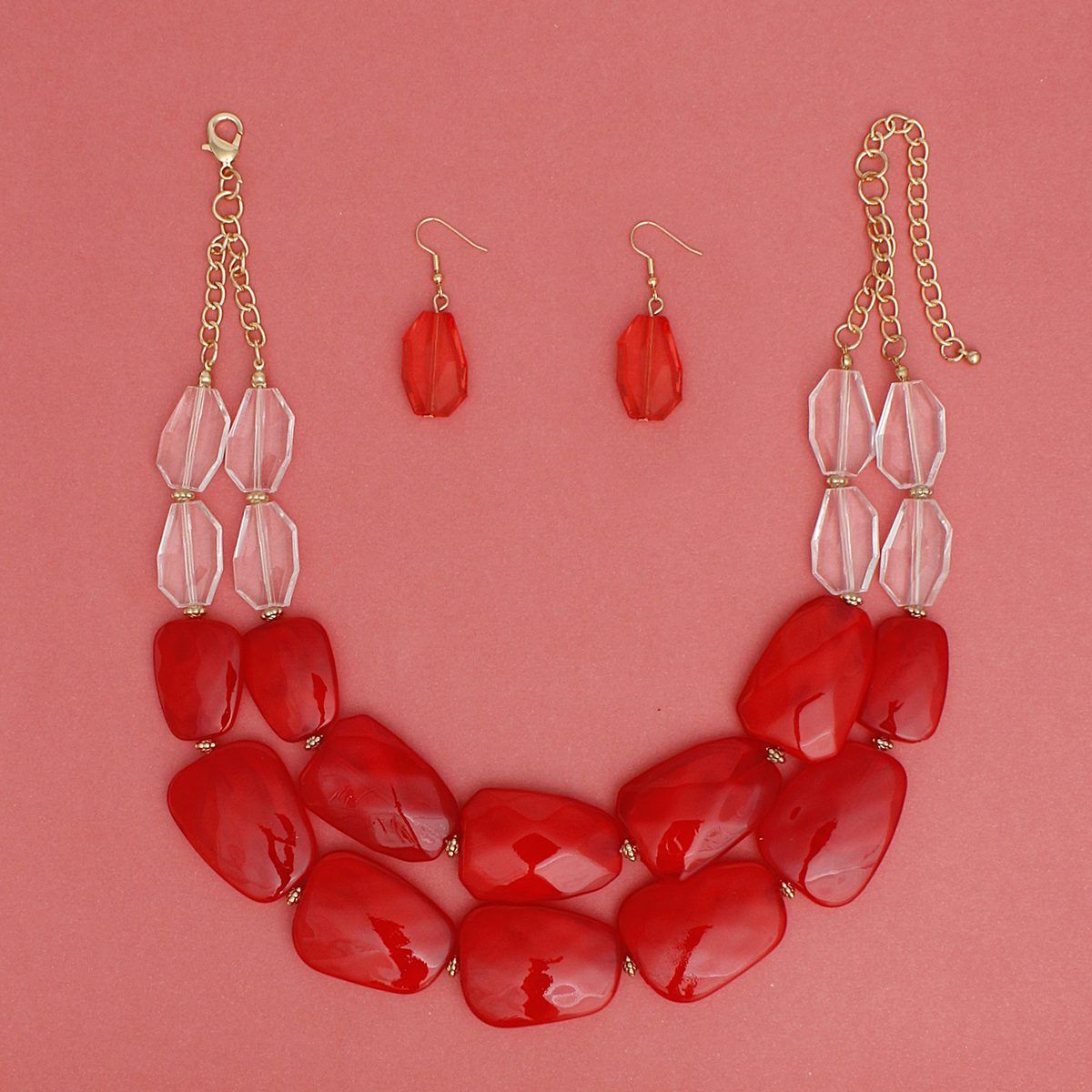 Red Bead Necklace Set Acrylic Resin Statement Jewelry with Earrings