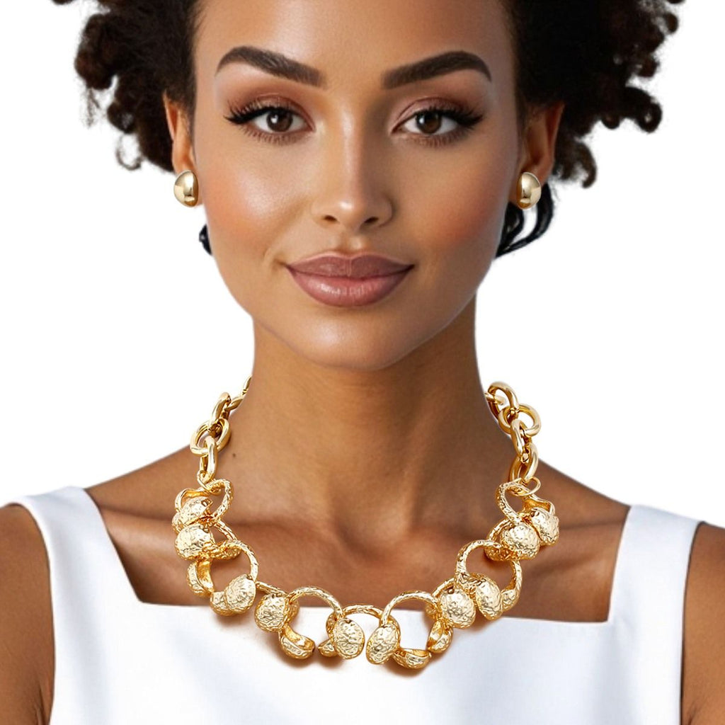 Heavy Gold Hammered Chain Necklace and Stud Earrings Set | Fashion Jewelry