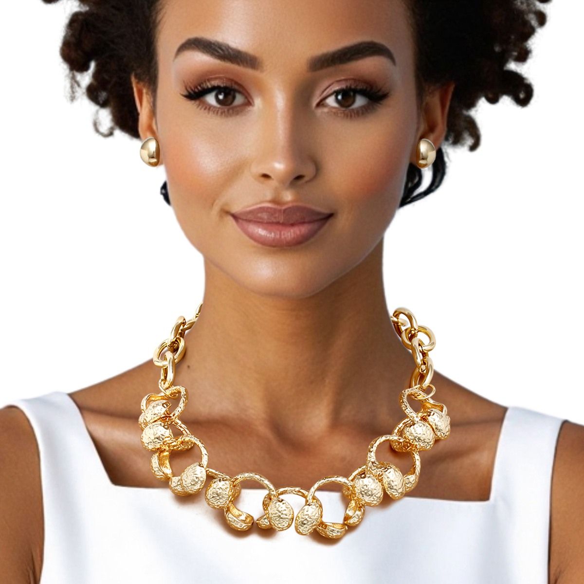 Heavy Gold Hammered Chain Necklace and Stud Earrings Set | Fashion Jewelry