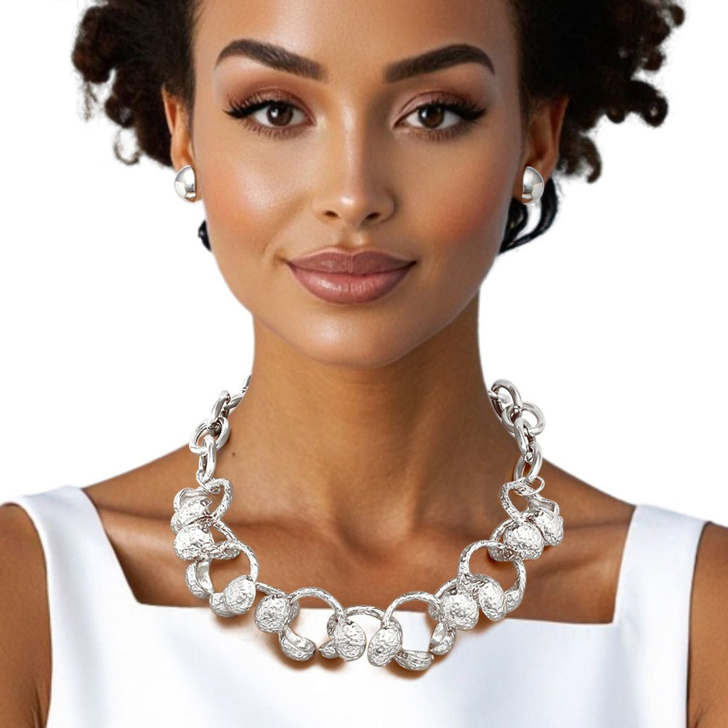 Heavy Silver Hammered Chain Necklace and Stud Earrings Set | Fashion Jewelry