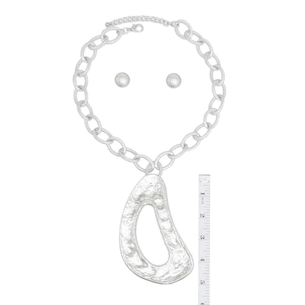 Chunky Silver Oval Link Chain Necklace Set with Textured Pendant and Dome Earrings