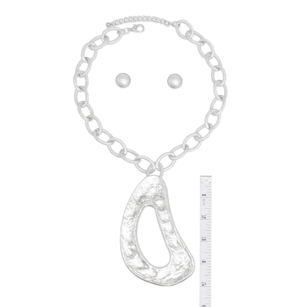Chunky Silver Oval Link Chain Necklace Set with Textured Pendant and Dome Earrings