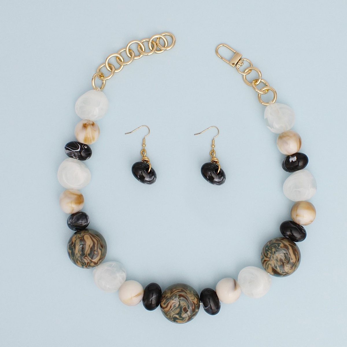 Women’s Chunky Acrylic Bead Necklace Set, Earthy Marbled, Matching Earrings