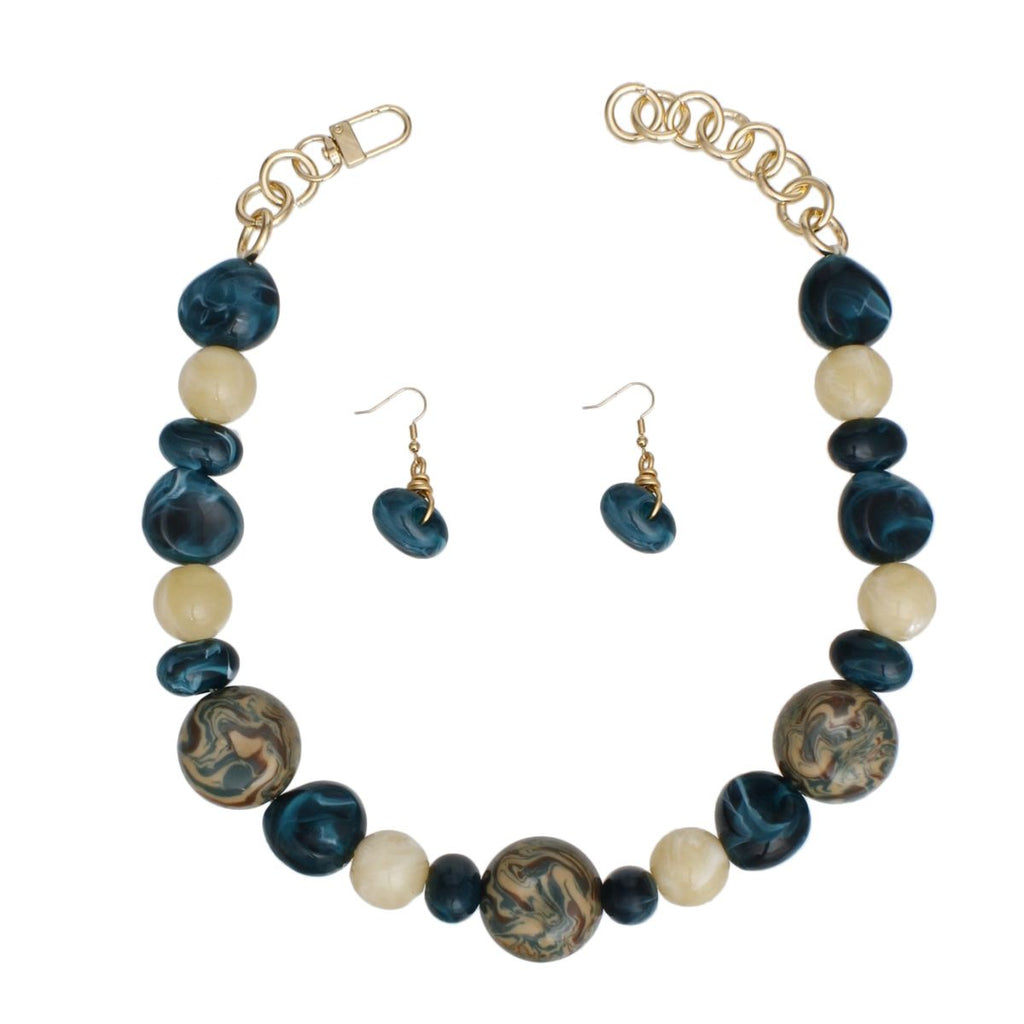 Women’s Beaded Necklace Set Earthy Teal, Chunky Marbled Beads