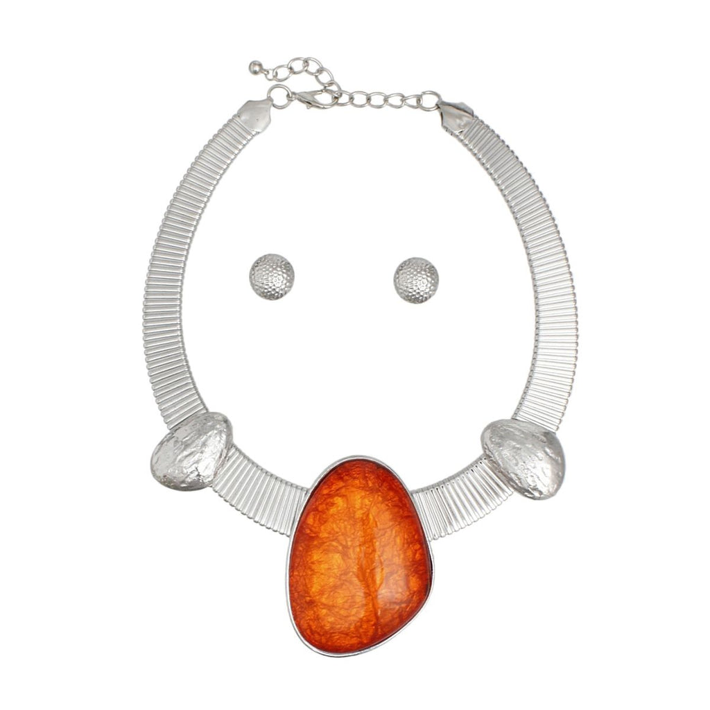 Artisan Silver Collar Necklace Set with Orange Resin Accent