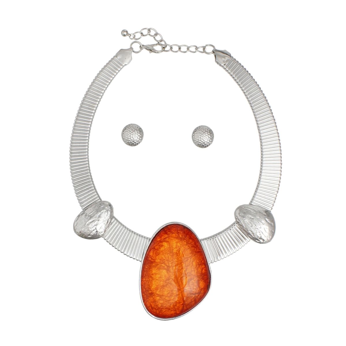 Artisan Silver Collar Necklace Set with Orange Resin Accent