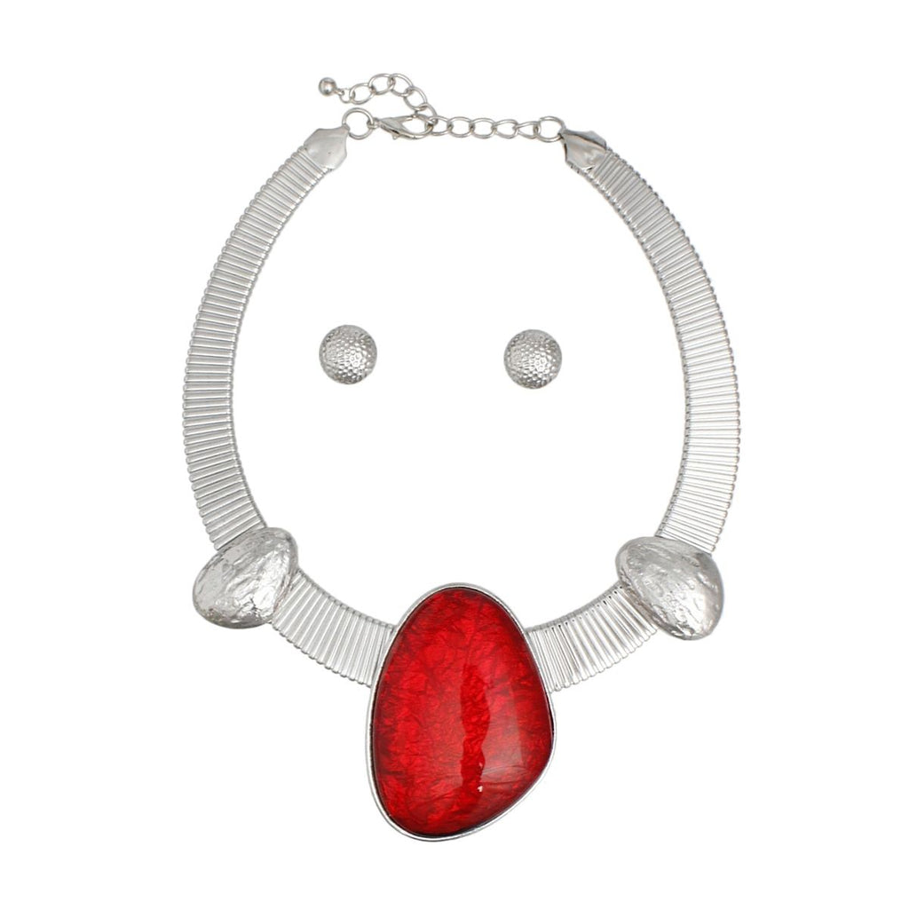 Artisan Silver Collar Necklace Set with Red Resin Accent