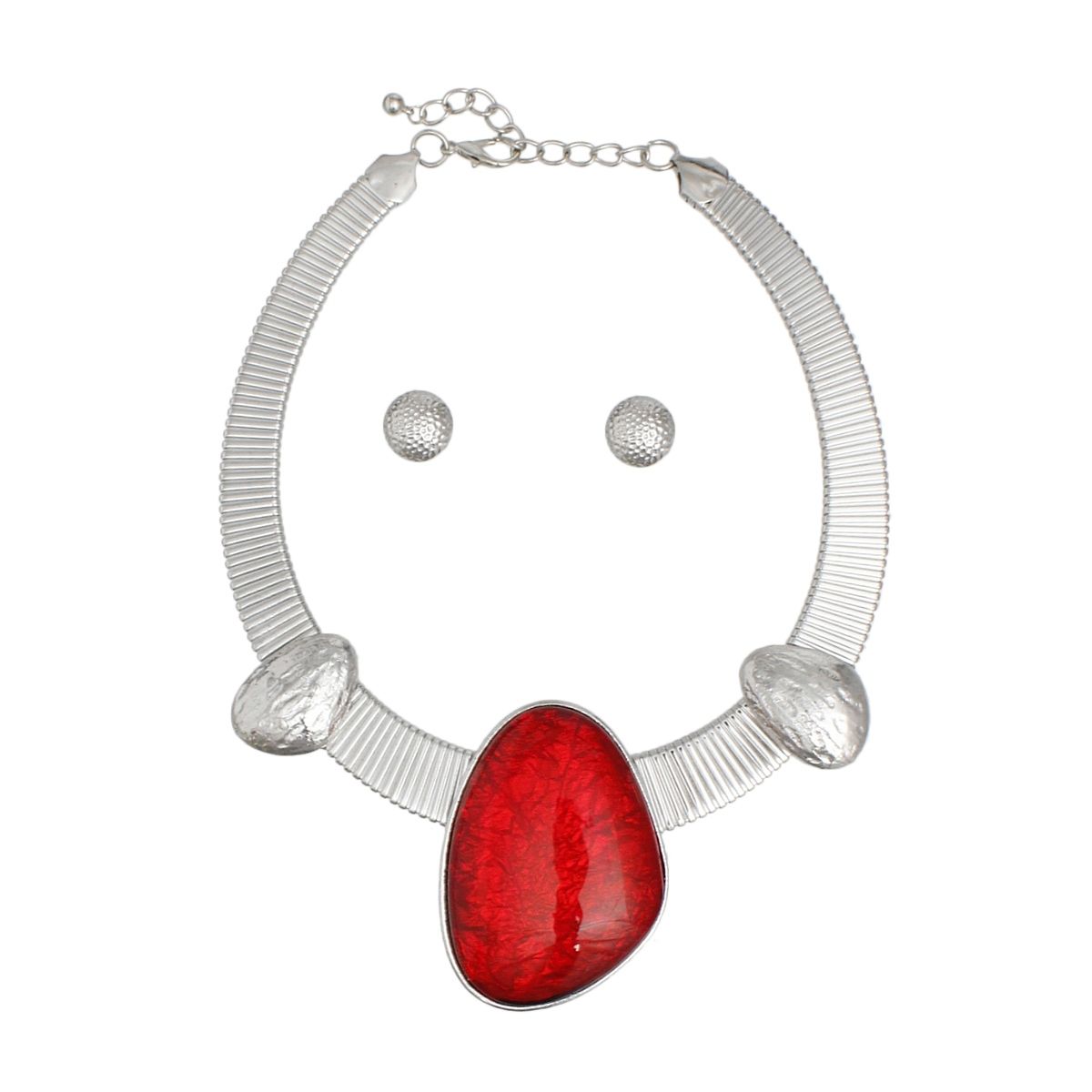 Artisan Silver Collar Necklace Set with Red Resin Accent