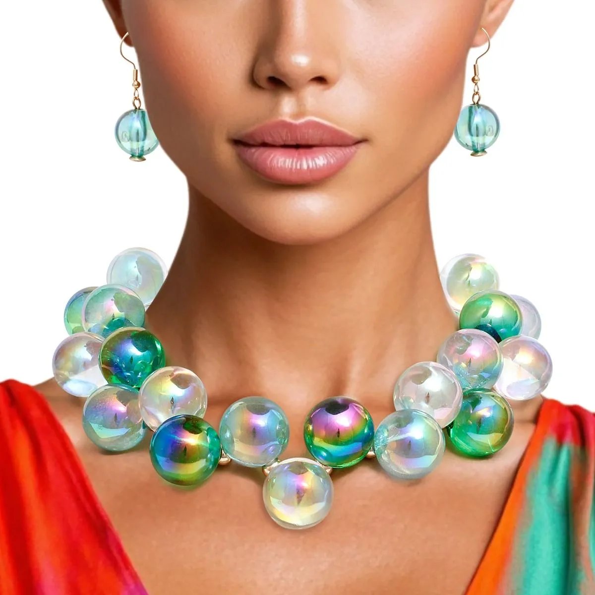 Blue Green Clear Iridescent Necklace Set – Bubble Ball Bead Fashion Jewelry