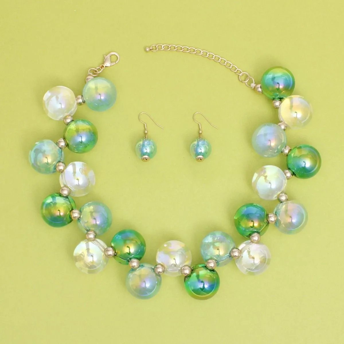 Blue Green Clear Iridescent Necklace Set – Bubble Ball Bead Fashion Jewelry