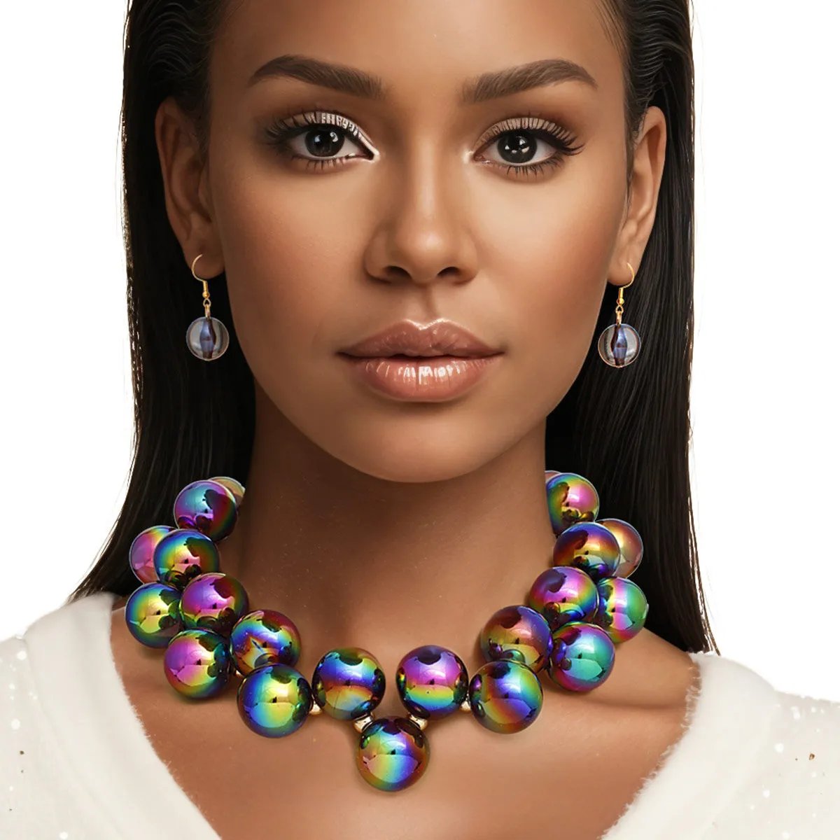 Black Iridescent Necklace Set – Bubble Ball Bead Fashion Jewelry