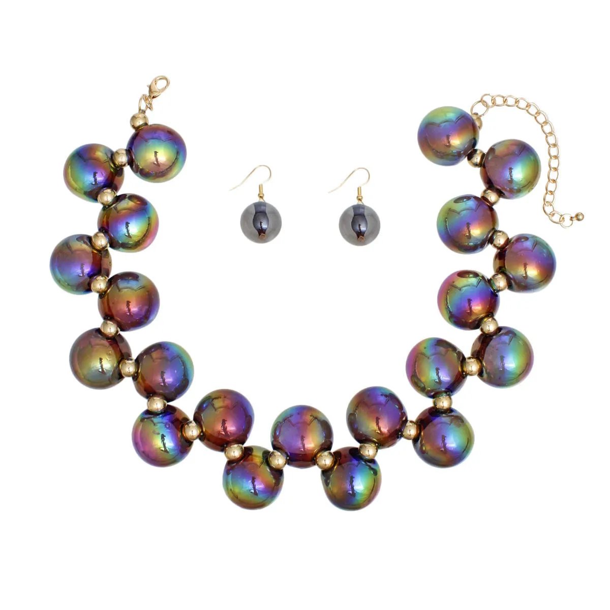 Black Iridescent Necklace Set – Bubble Ball Bead Fashion Jewelry