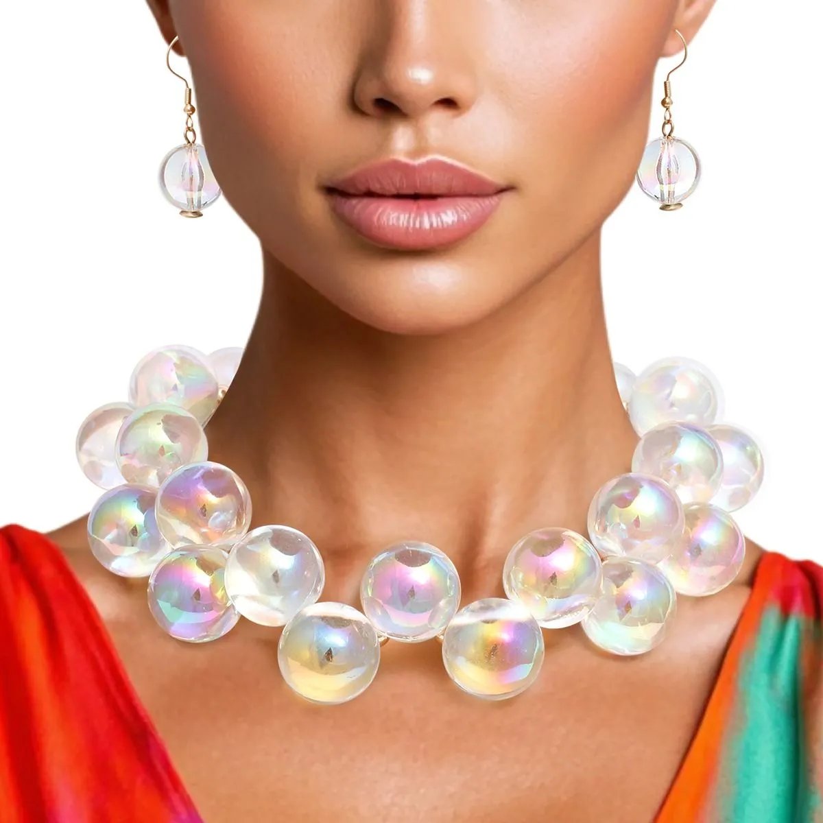 Clear Iridescent Necklace Set – Bubble Ball Bead Fashion Jewelry