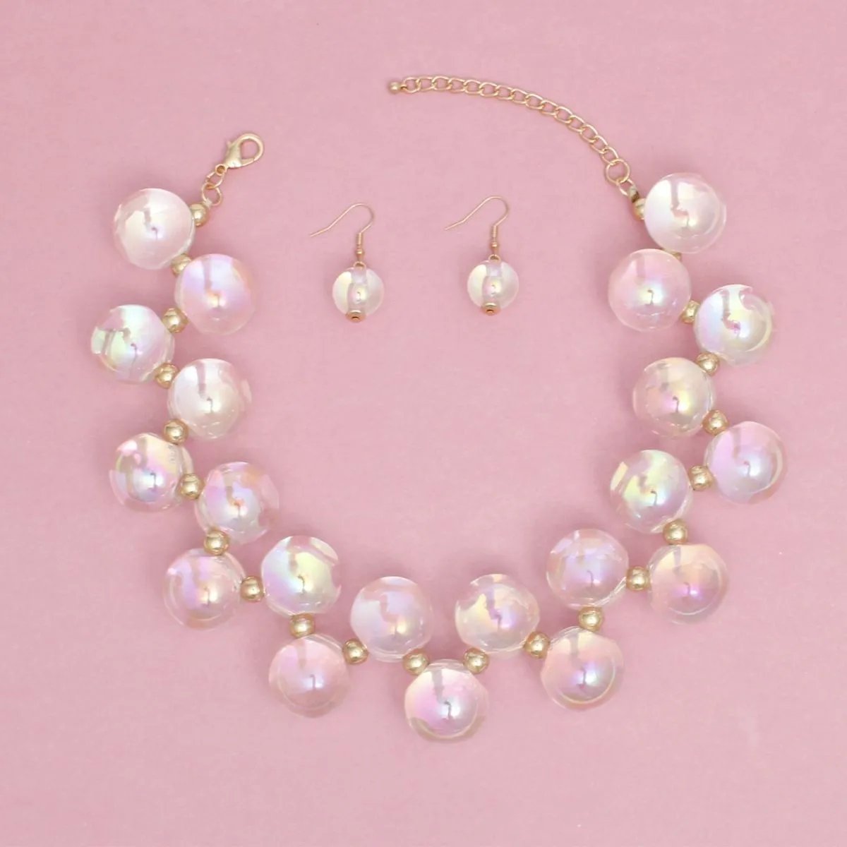 Clear Iridescent Necklace Set – Bubble Ball Bead Fashion Jewelry