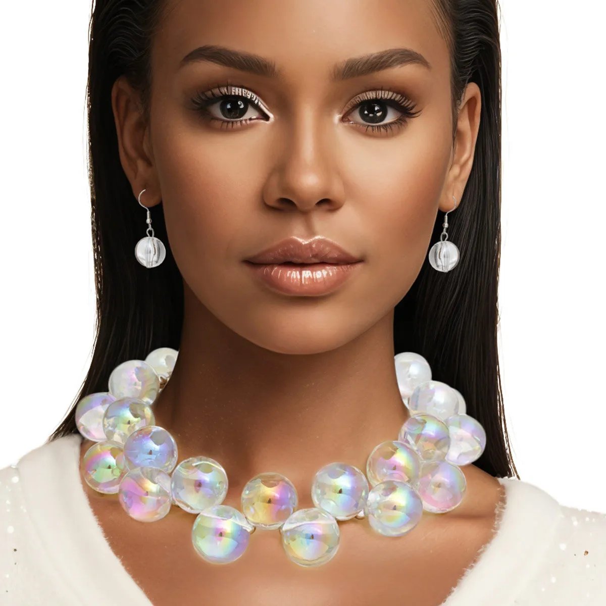 Clear Iridescent Necklace Set – Bubble Ball Bead Fashion Jewelry