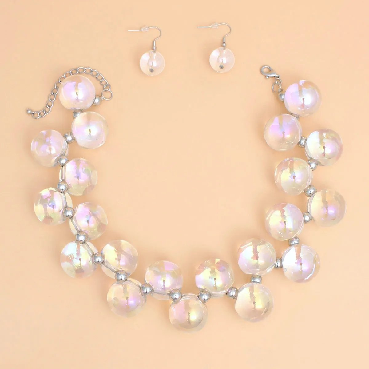 Clear Iridescent Necklace Set – Bubble Ball Bead Fashion Jewelry