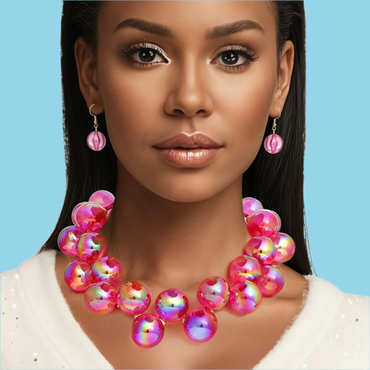 Necklace Fuchsia Iridescent Bubble Ball Bead Set