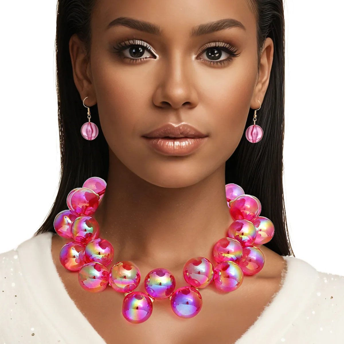 Fuchsia Iridescent Necklace Set – Bubble Ball Bead Fashion Jewelry