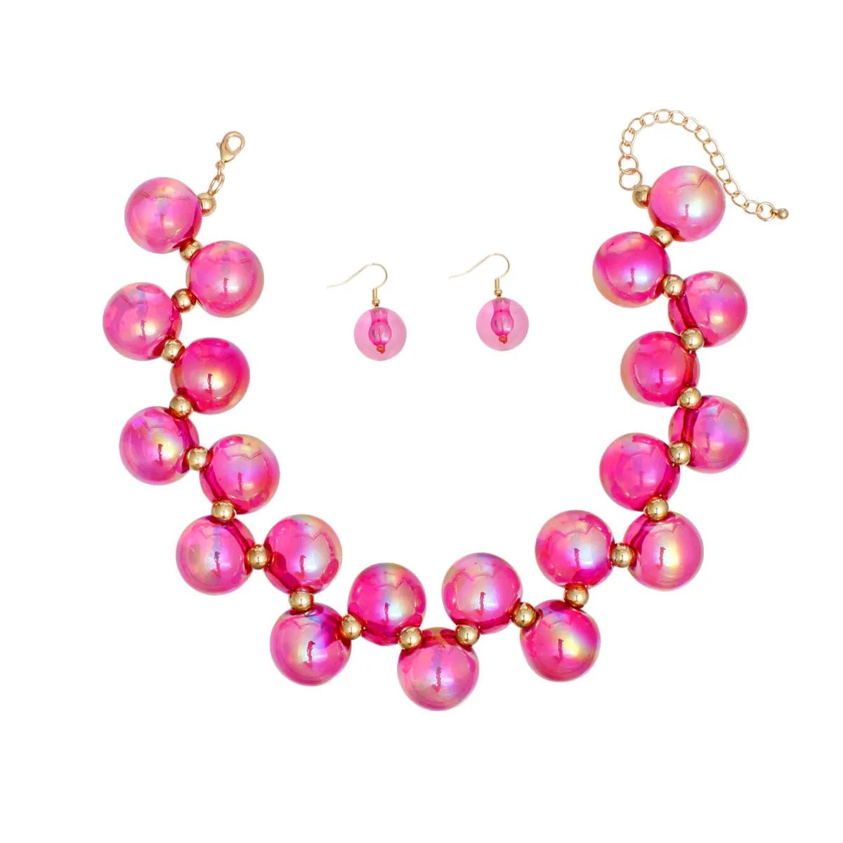 Fuchsia Iridescent Necklace Set – Bubble Ball Bead Fashion Jewelry