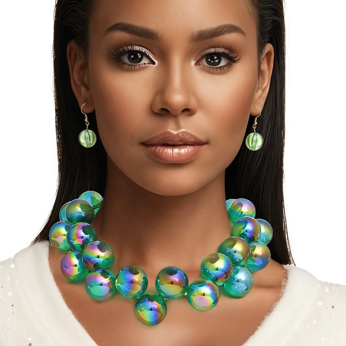Green Iridescent Necklace Set – Bubble Ball Bead Fashion Jewelry