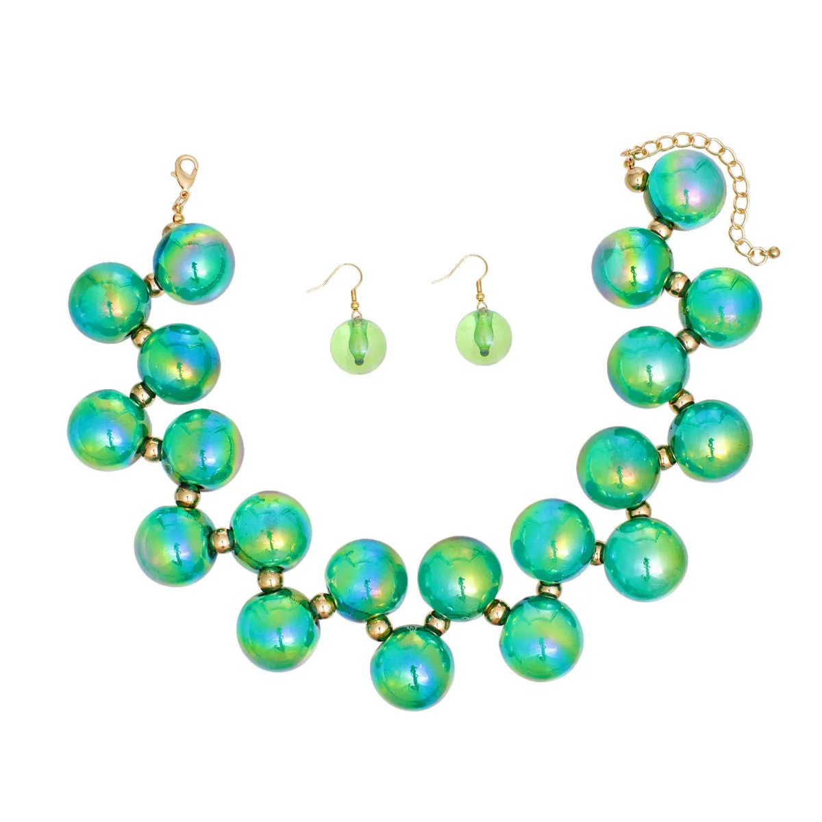 Green Iridescent Necklace Set – Bubble Ball Bead Fashion Jewelry