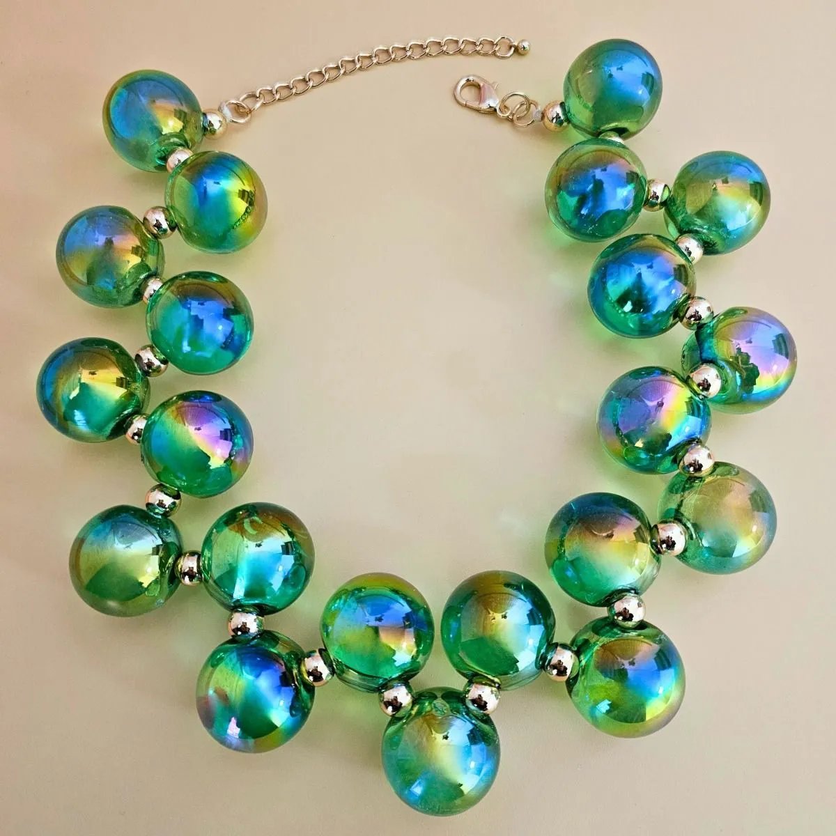 Green Iridescent Necklace Set – Bubble Ball Bead Fashion Jewelry