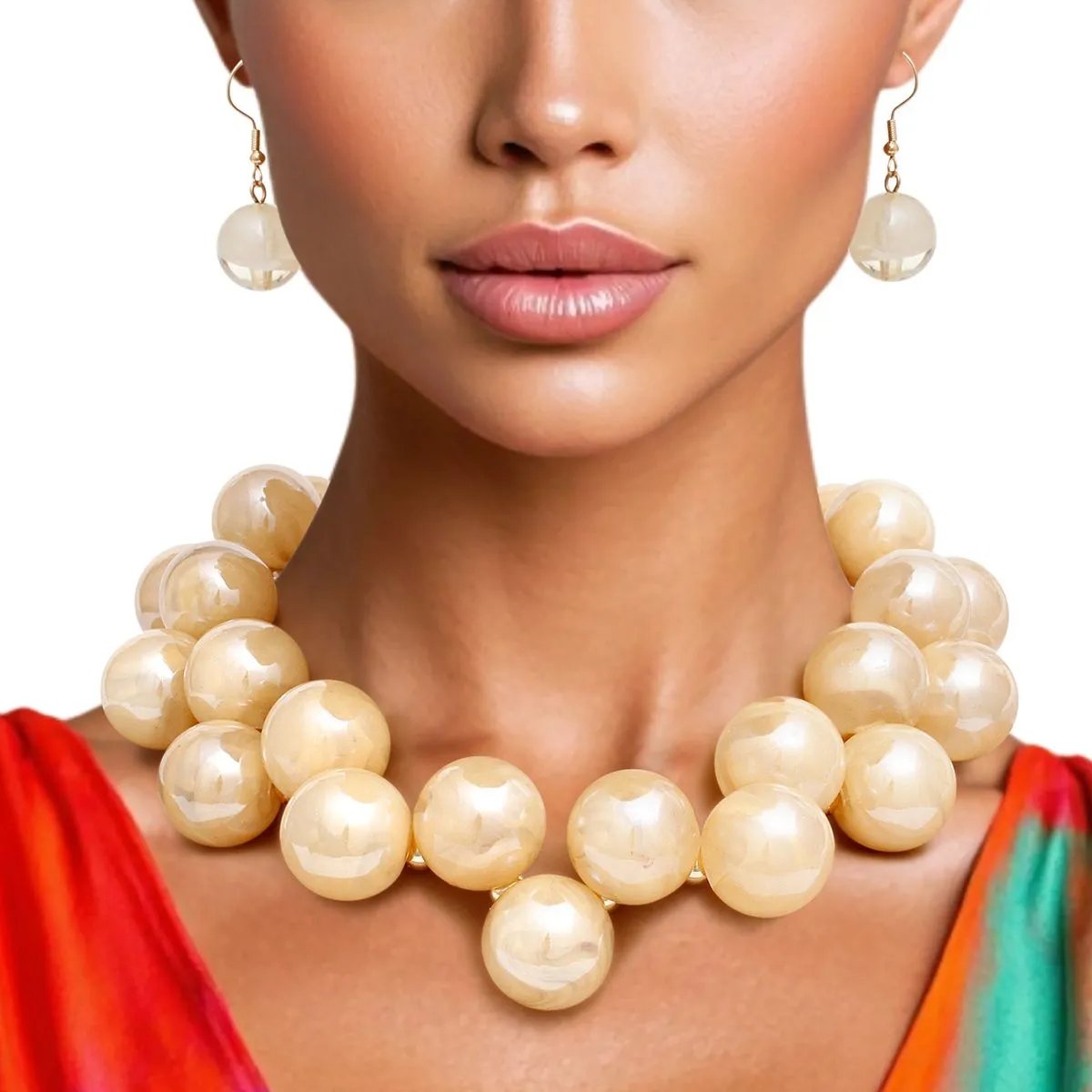 Ivory Swirled Marble Necklace Set – Bubble Ball Bead Fashion Jewelry