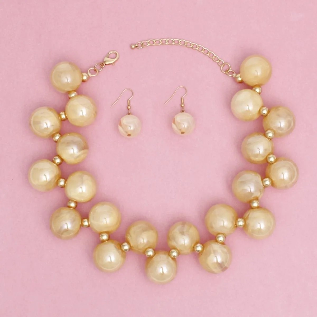 Ivory Swirled Marble Necklace Set – Bubble Ball Bead Fashion Jewelry