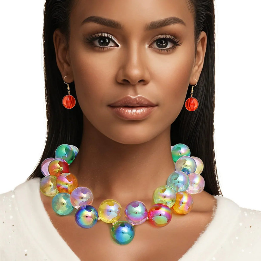 Multicolor Iridescent Necklace Set – Bubble Ball Bead Fashion Jewelry