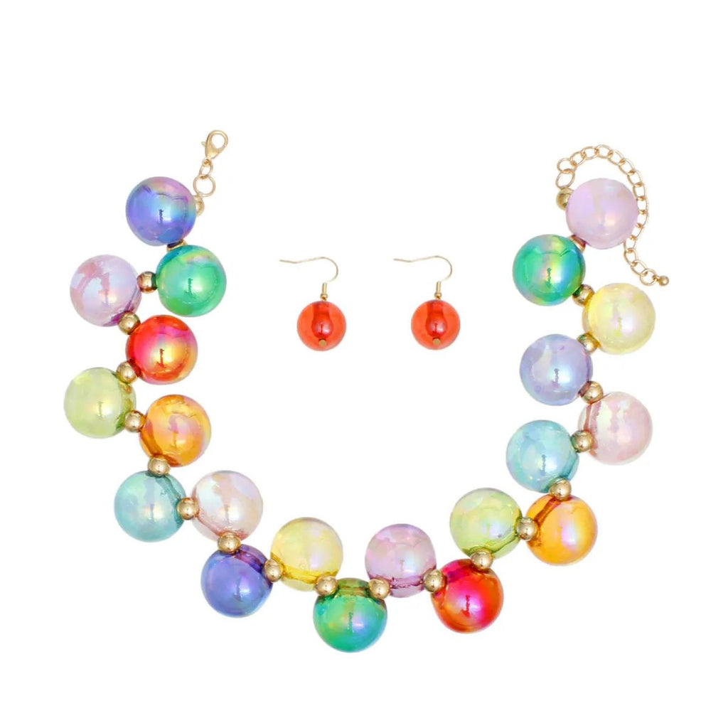 Multicolor Iridescent Necklace Set – Bubble Ball Bead Fashion Jewelry