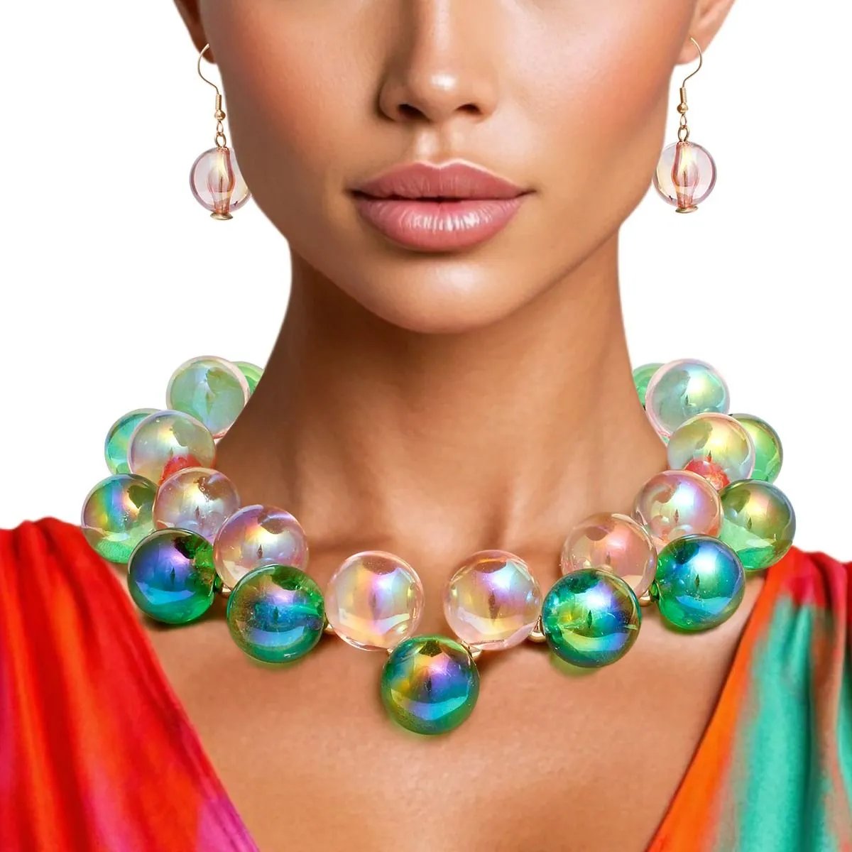 Pink Green Iridescent Necklace Set – Bubble Ball Bead Fashion Jewelry