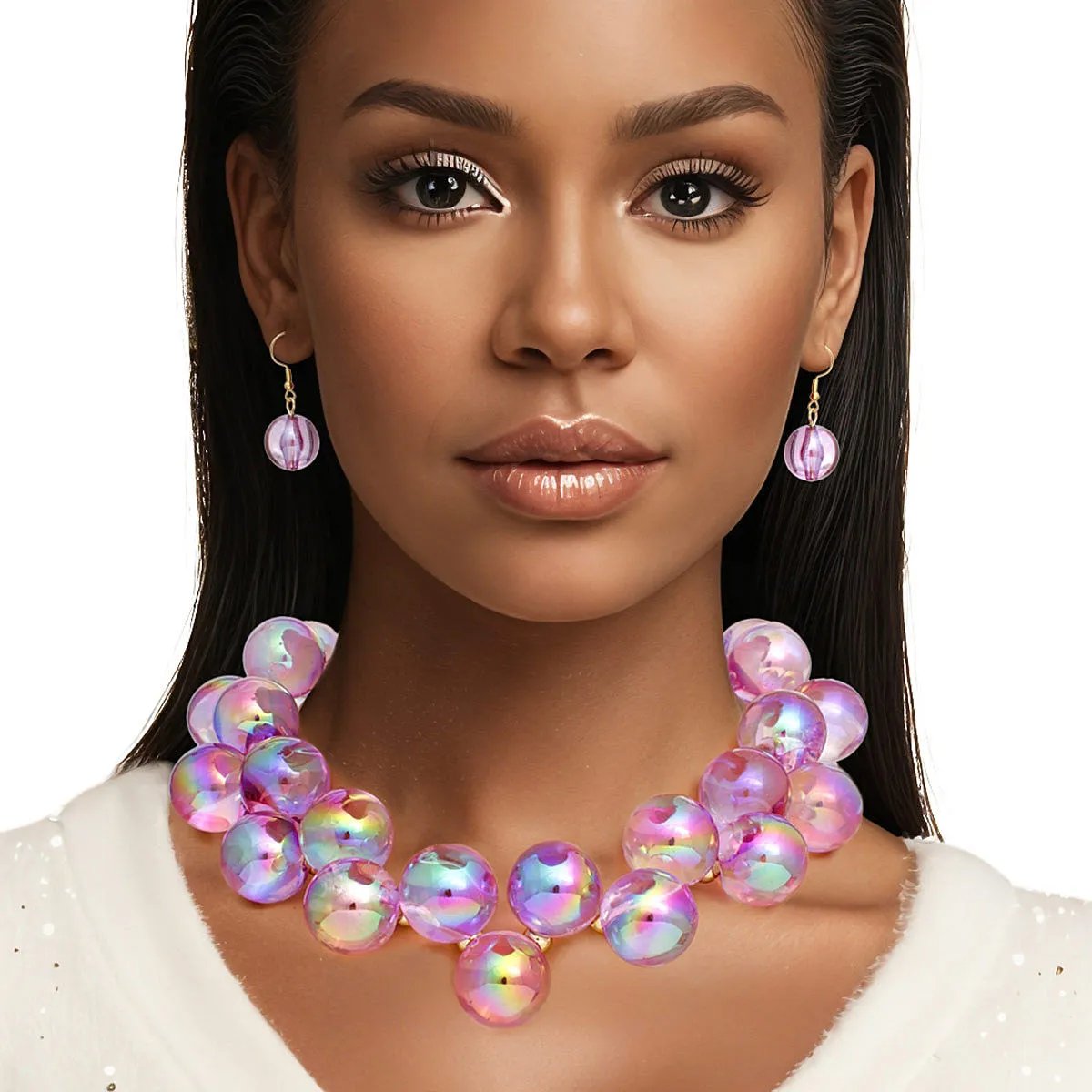 Purple Iridescent Necklace Set – Bubble Ball Bead Fashion Jewelry