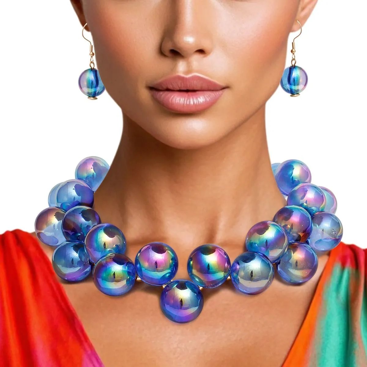 Royal Blue Iridescent Necklace Set – Bubble Ball Bead Fashion Jewelry