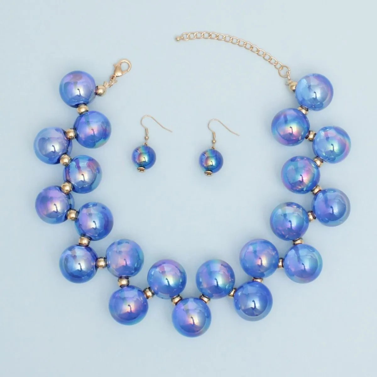Royal Blue Iridescent Necklace Set – Bubble Ball Bead Fashion Jewelry