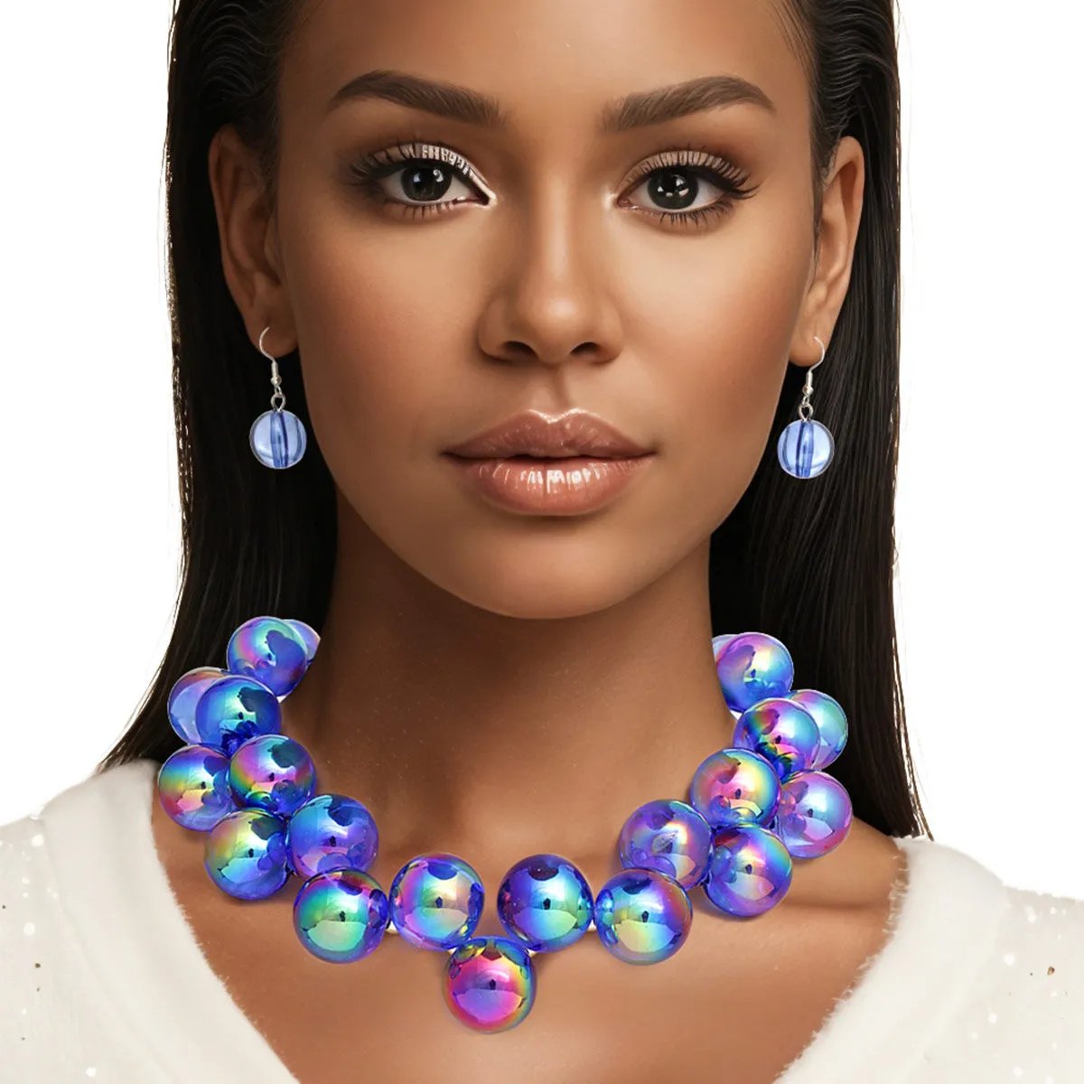 Blue Iridescent Necklace Set – Bubble Ball Bead Fashion Jewelry
