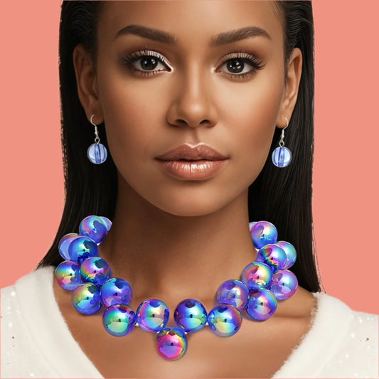 Necklace Blue Iridescent Bubble Ball Bead Set