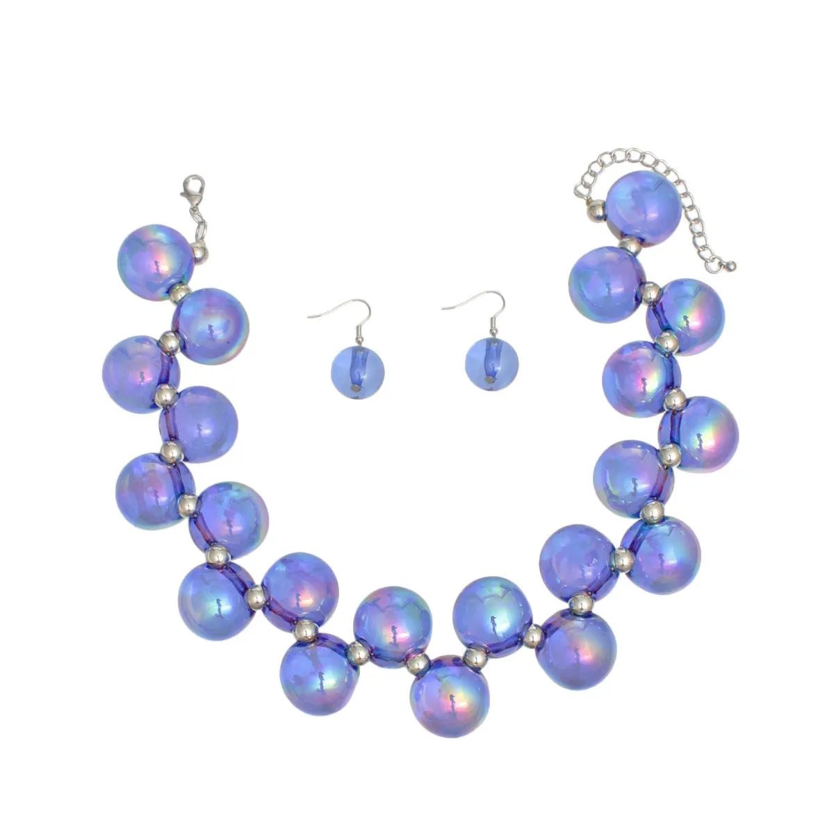 Blue Iridescent Necklace Set – Bubble Ball Bead Fashion Jewelry