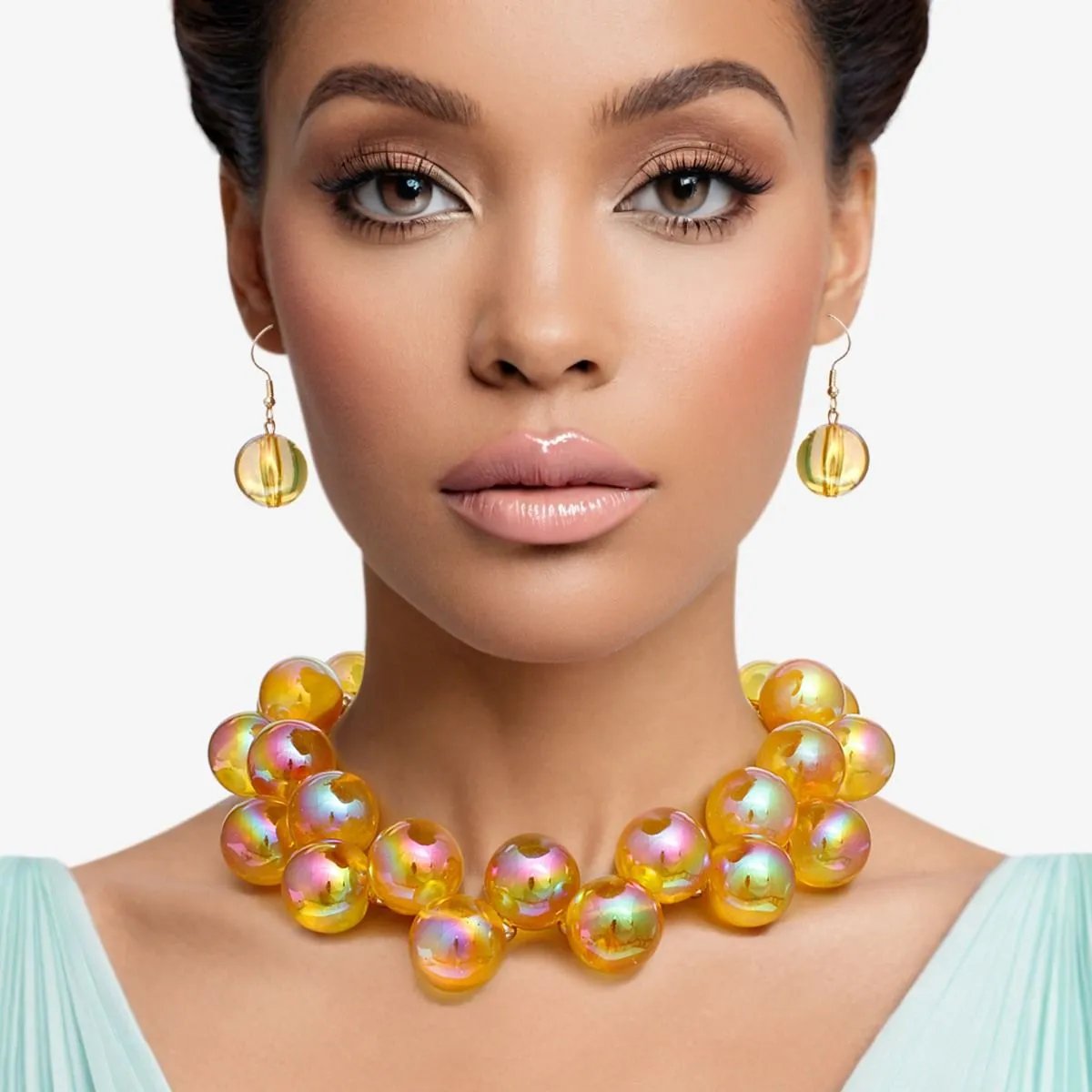 Yellow Iridescent Necklace Set – Bubble Ball Bead Fashion Jewelry