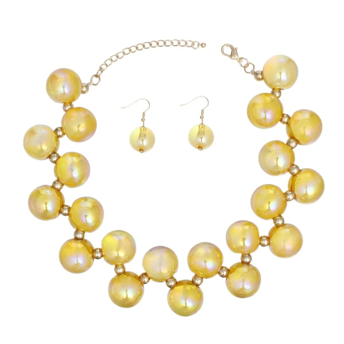 Yellow Iridescent Necklace Set – Bubble Ball Bead Fashion Jewelry