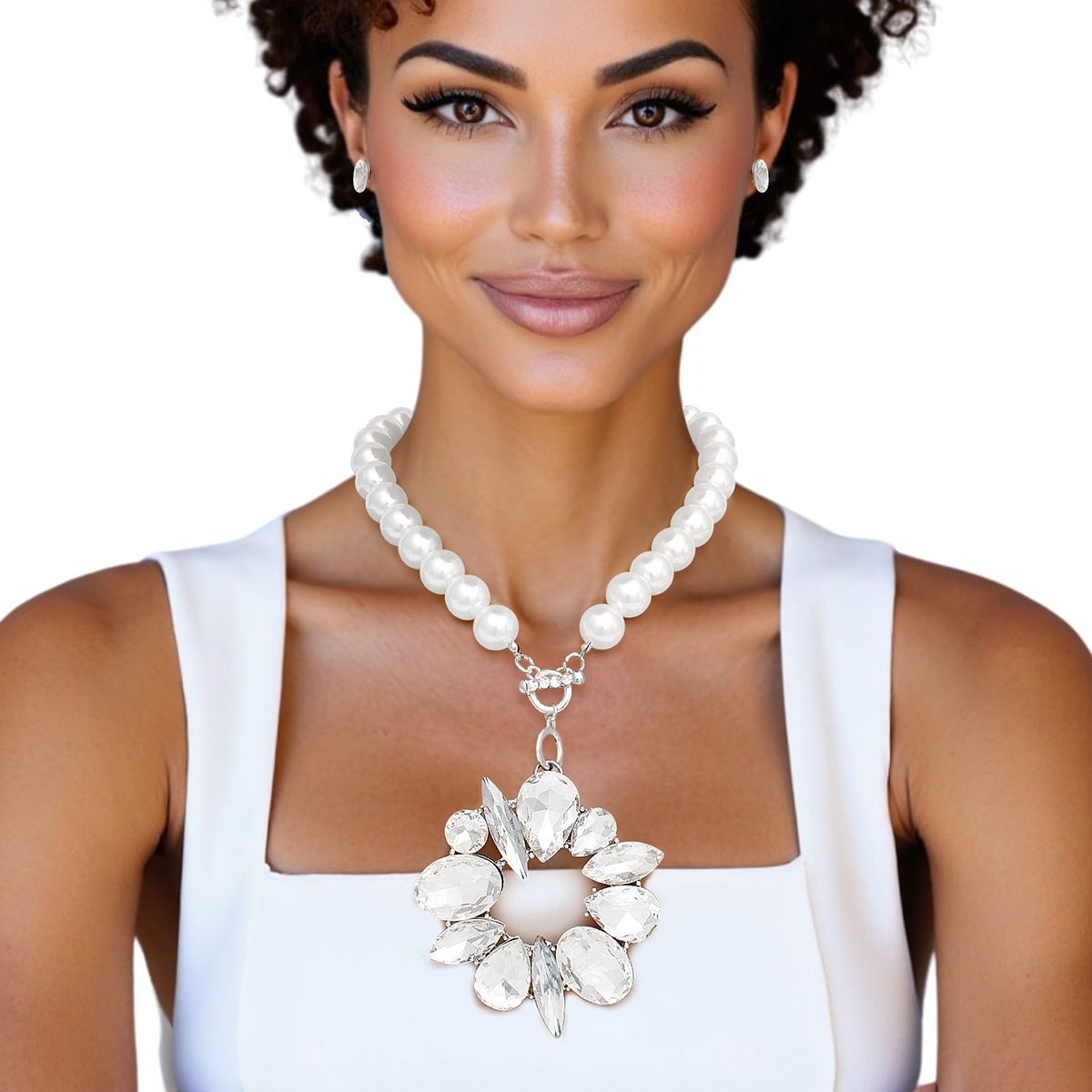 Oversized White Pearl Toggle Necklace with Large Crystal Pendant and Rhinestone Stud Earrings Set