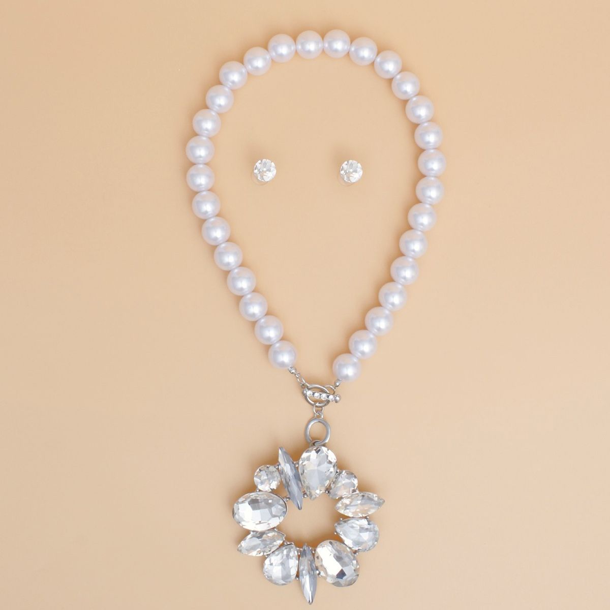 Oversized White Pearl Toggle Necklace with Large Crystal Pendant and Rhinestone Stud Earrings Set