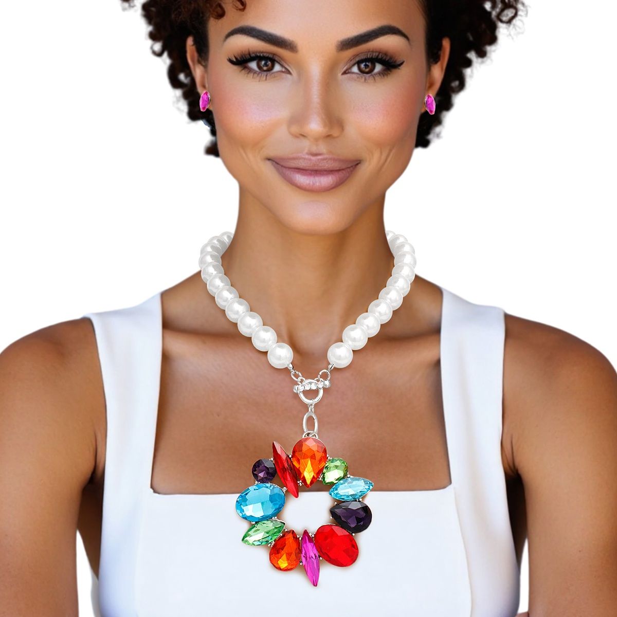 Pearl Statement Necklace Oversized Crystals Pendant Earrings Set