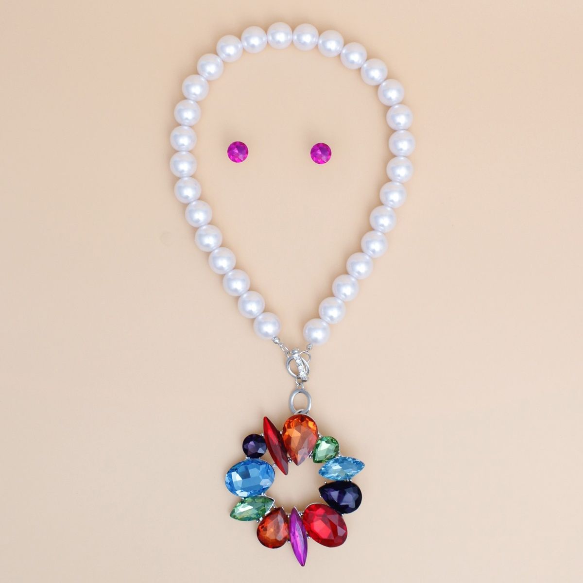 Pearl Statement Necklace Oversized Crystals Pendant Earrings Set