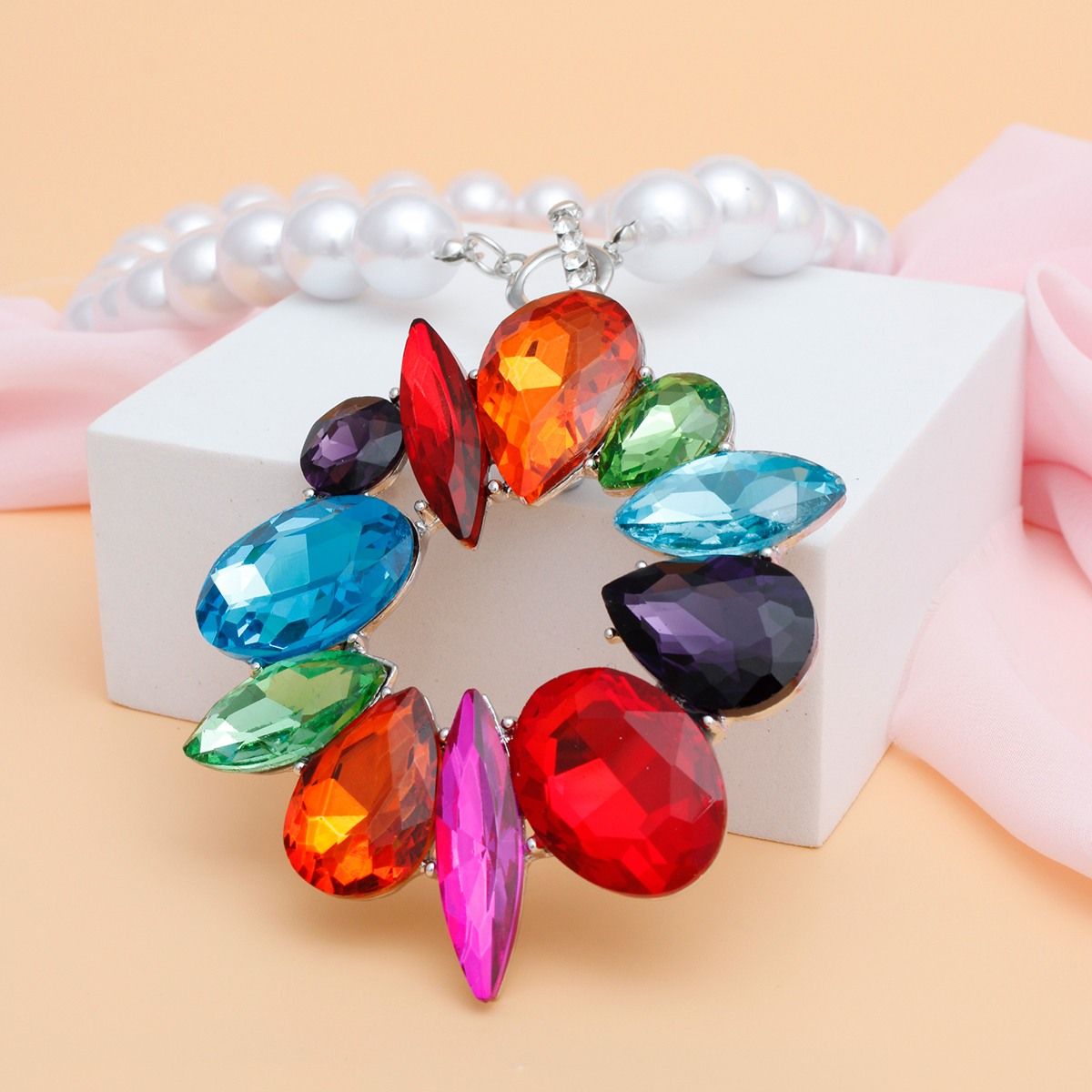 Pearl Statement Necklace Oversized Crystals Pendant Earrings Set