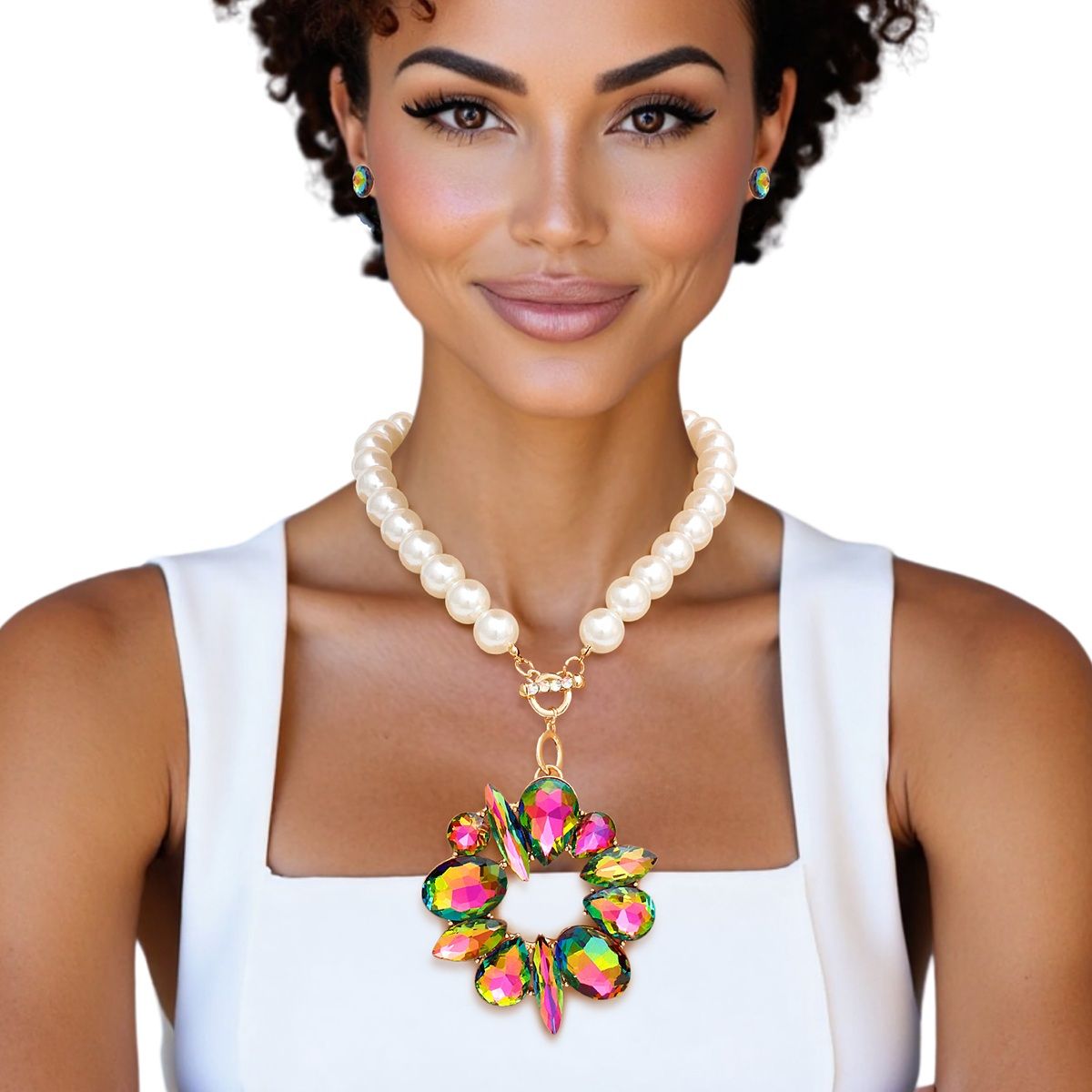 Oversized Pearl Toggle Necklace Cream Pearl, Mixed Crystal Pendant, Statement Jewelry Set