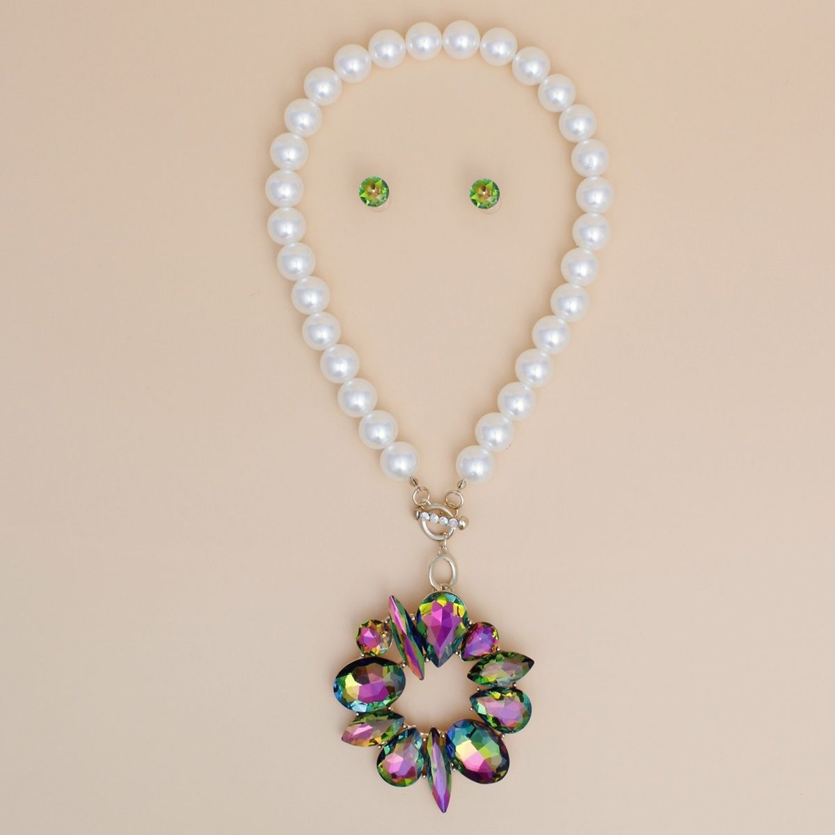 Oversized Pearl Toggle Necklace Cream Pearl, Mixed Crystal Pendant, Statement Jewelry Set