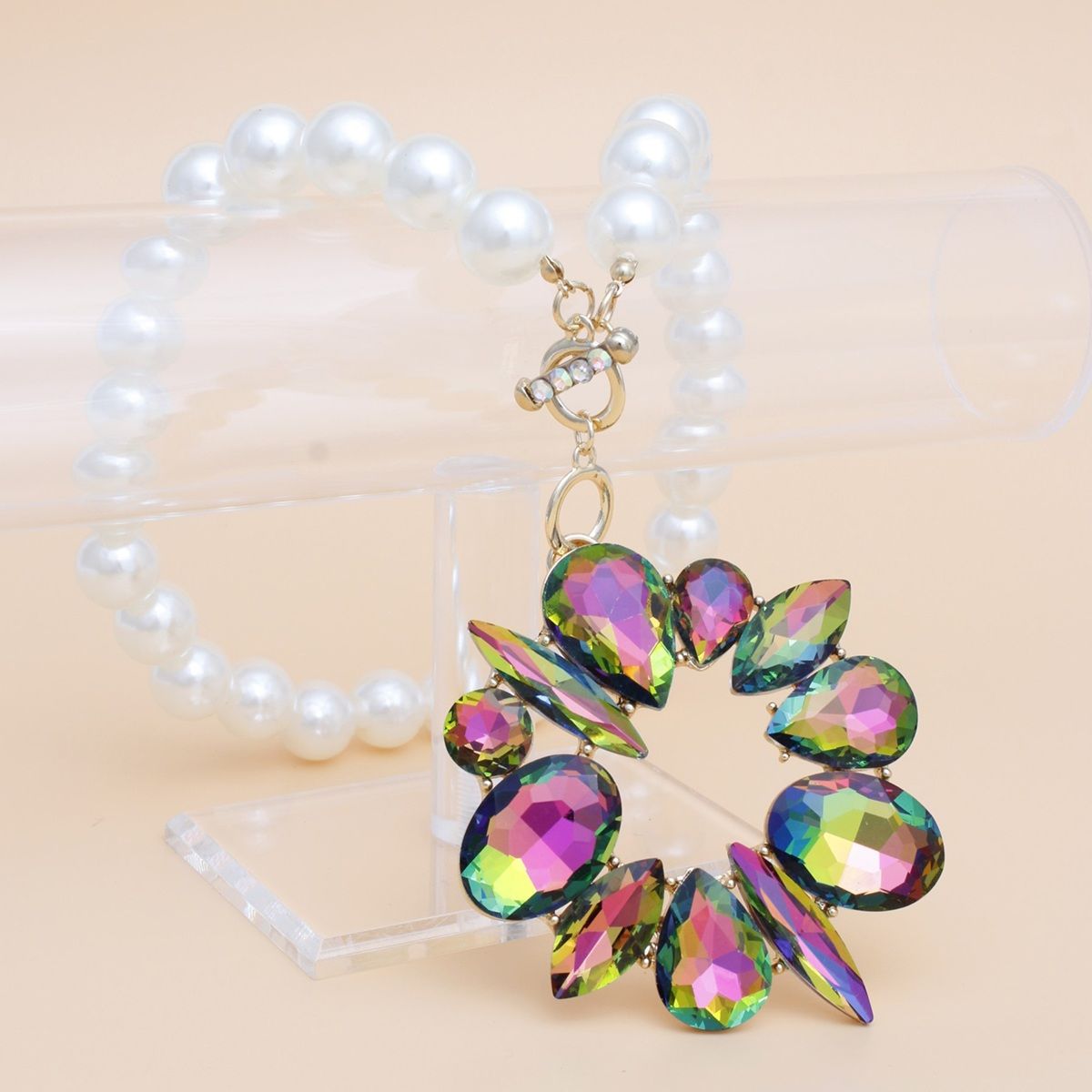 Oversized Pearl Toggle Necklace Cream Pearl, Mixed Crystal Pendant, Statement Jewelry Set